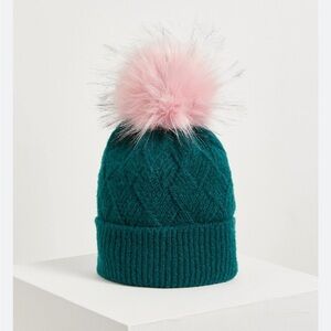 Oliver Bonas green Knit Beanie with Pink Pom